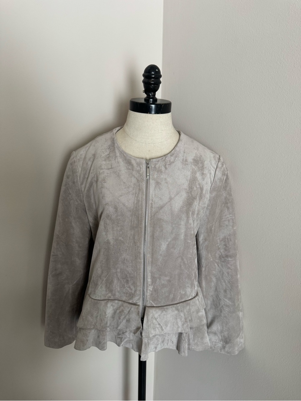Ivanka Trump Taupe-Gray Suede-Look Zip Front Ruffle Hem Blazer